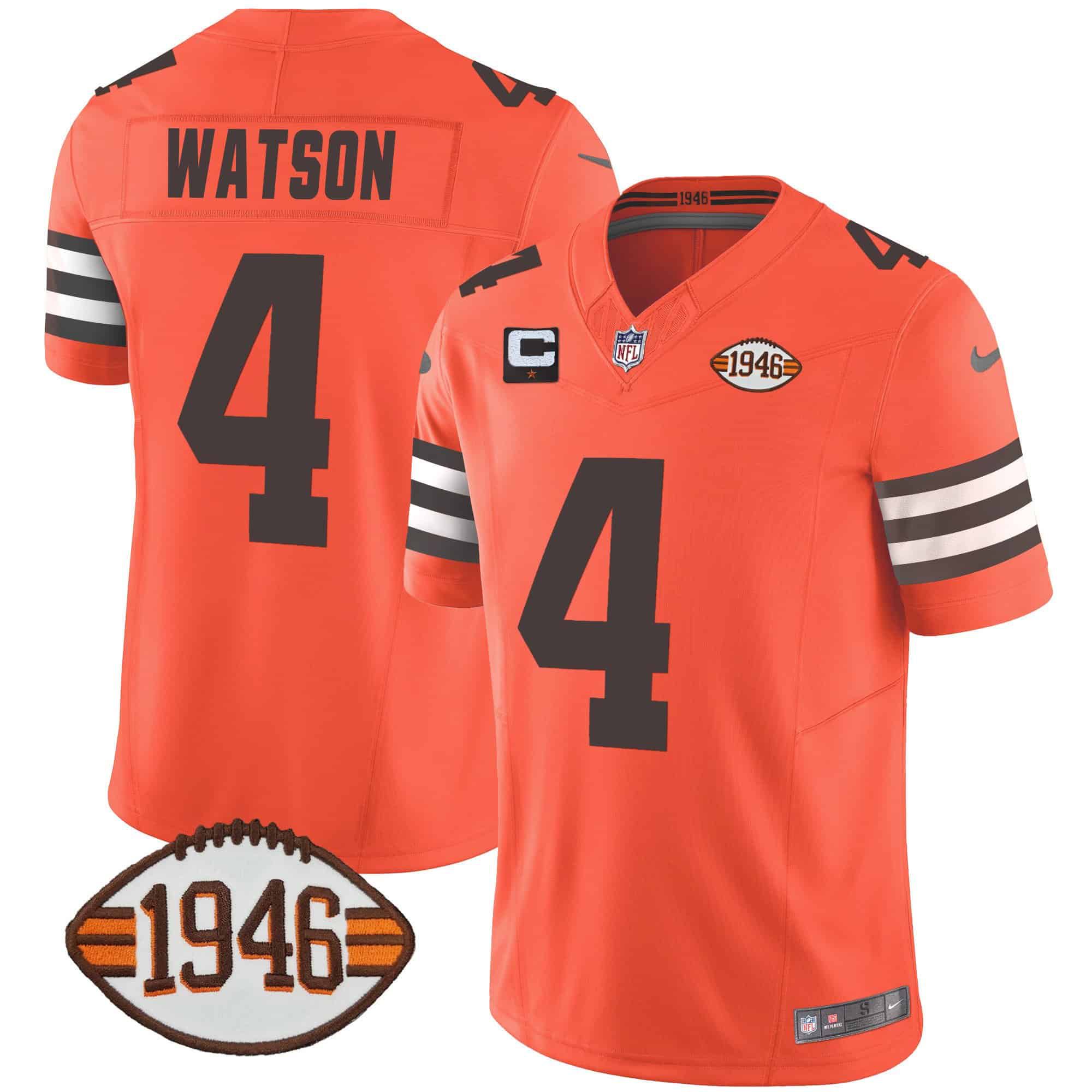 Men Cleveland Browns #4 Watson Orange 1946 75th Anniversary Patch 2024 Nike NFL Jersey